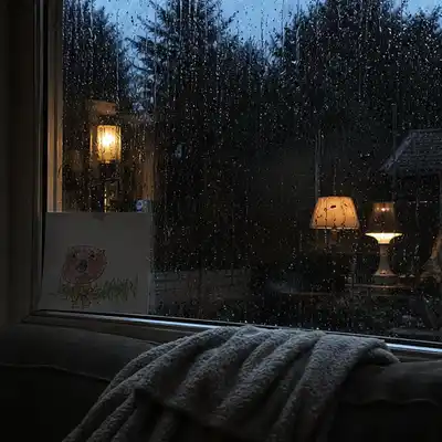 En regnvåd rude og lamper med varmt lys