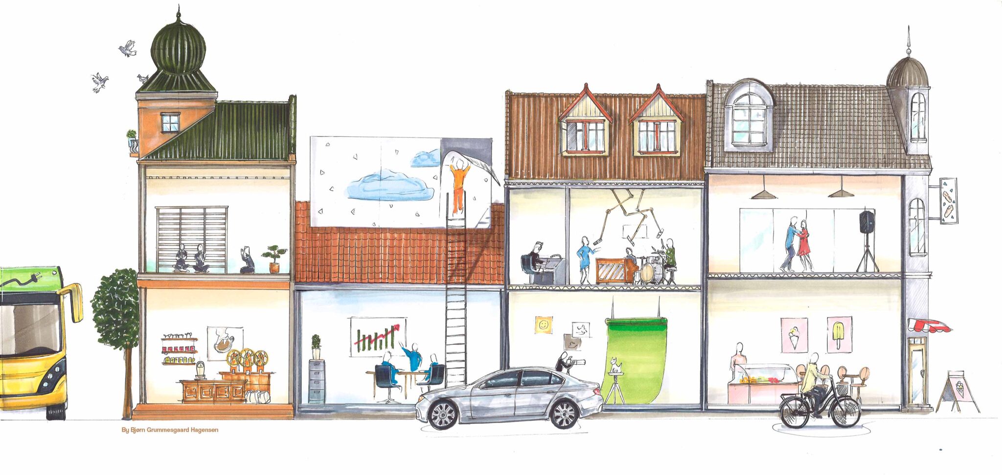 Hand-drawn cutaway of a row of Danish businesses: coffee bar, office, music studio, photo studio, dance studio and ice cream shop