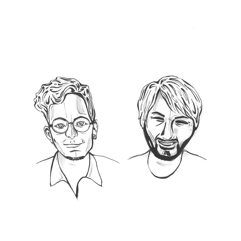 Hand-drawn black-ink portraits of Onlime’s two founders, Levi Rauff and Mathias Ditlev.