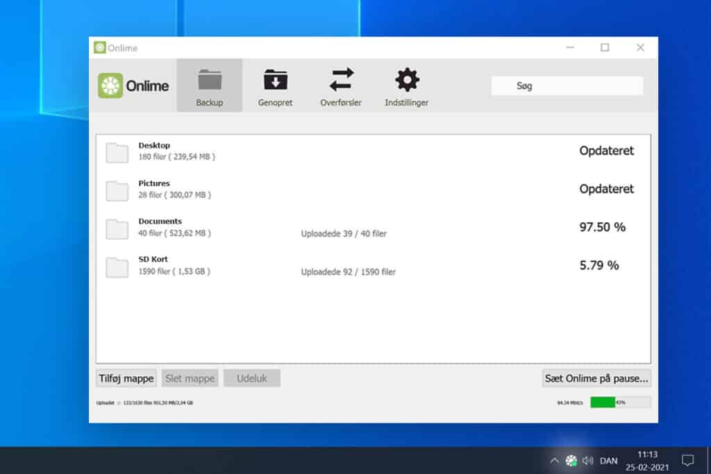 Onlime Cloud desktop interface for backing up local files and folders on a personal computer.