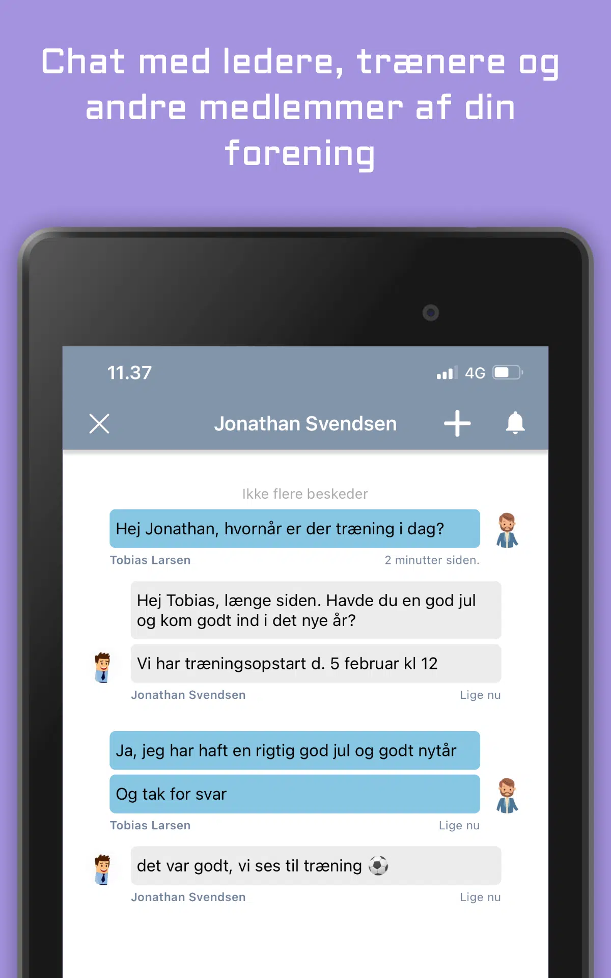 Billede der viser MinForening app, som Onlime samarbejder med. Her vises chatfunktionen mellem medlemmer..