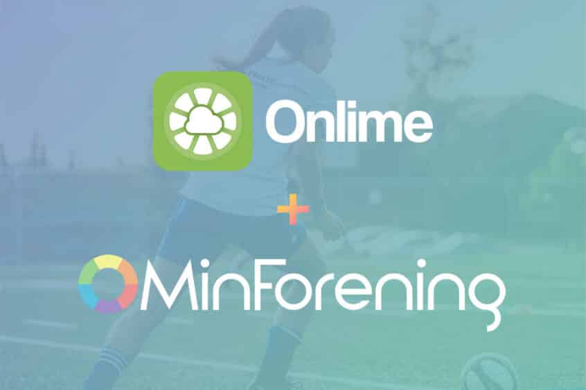 Viser logoer for Onlime og Minforening med et billede af en pige der spiller fodbold.