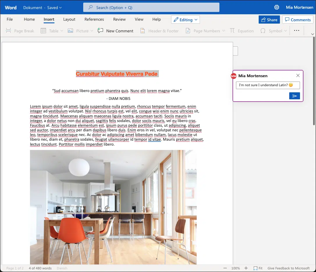Screenshot showing Microsoft Word Online in a browser with documents stored at Onlime in Scandinavia