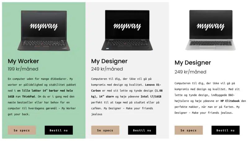 Et skærmbillede fra myway.dk, der viser forskellige computere til leje.