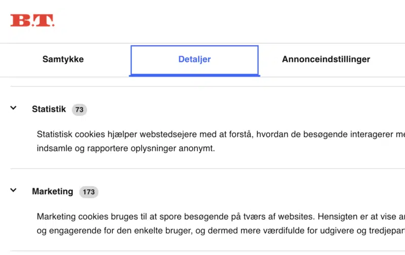 Et skærmbillede af cookiesamtykke på bt.dk, hvor flere end hundrede samarbejdspartnere kan spore og indsamle data ved besøg på websiden.